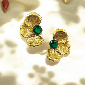 Vintage Emerald Petal Gold Plated Stud Earring