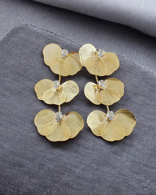 Long Triple Zircon Petal Dangler Earrings