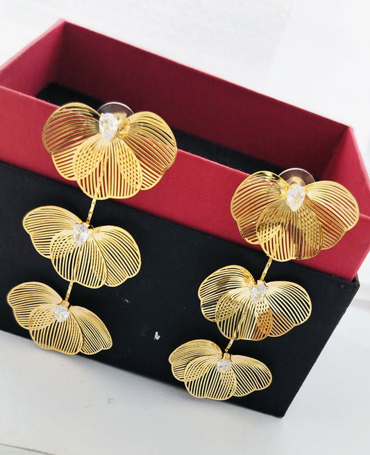 Long Triple Zircon Petal Dangler Earrings