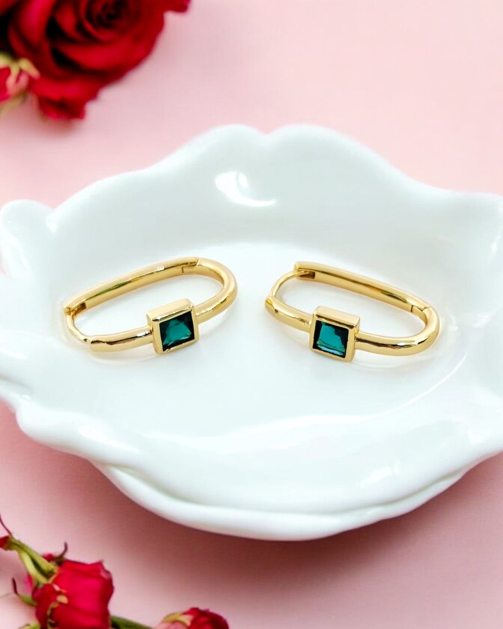 Gold plated hoop earrings with green square stone, chic minimalist jewellery for women ideal for parties and everyday fashion