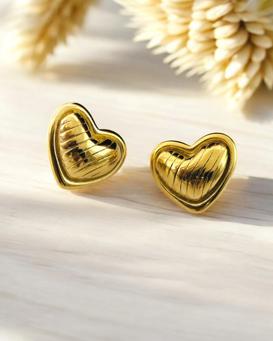 Gold Plated Striped Heart Earrings