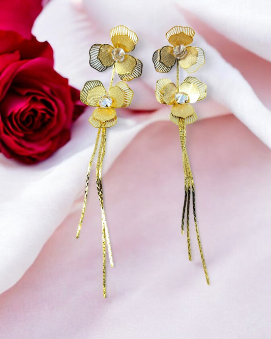 Gold Plated Double Petal Tassel Earrings