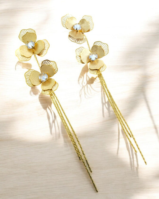 Gold Plated Double Petal Tassel Earrings