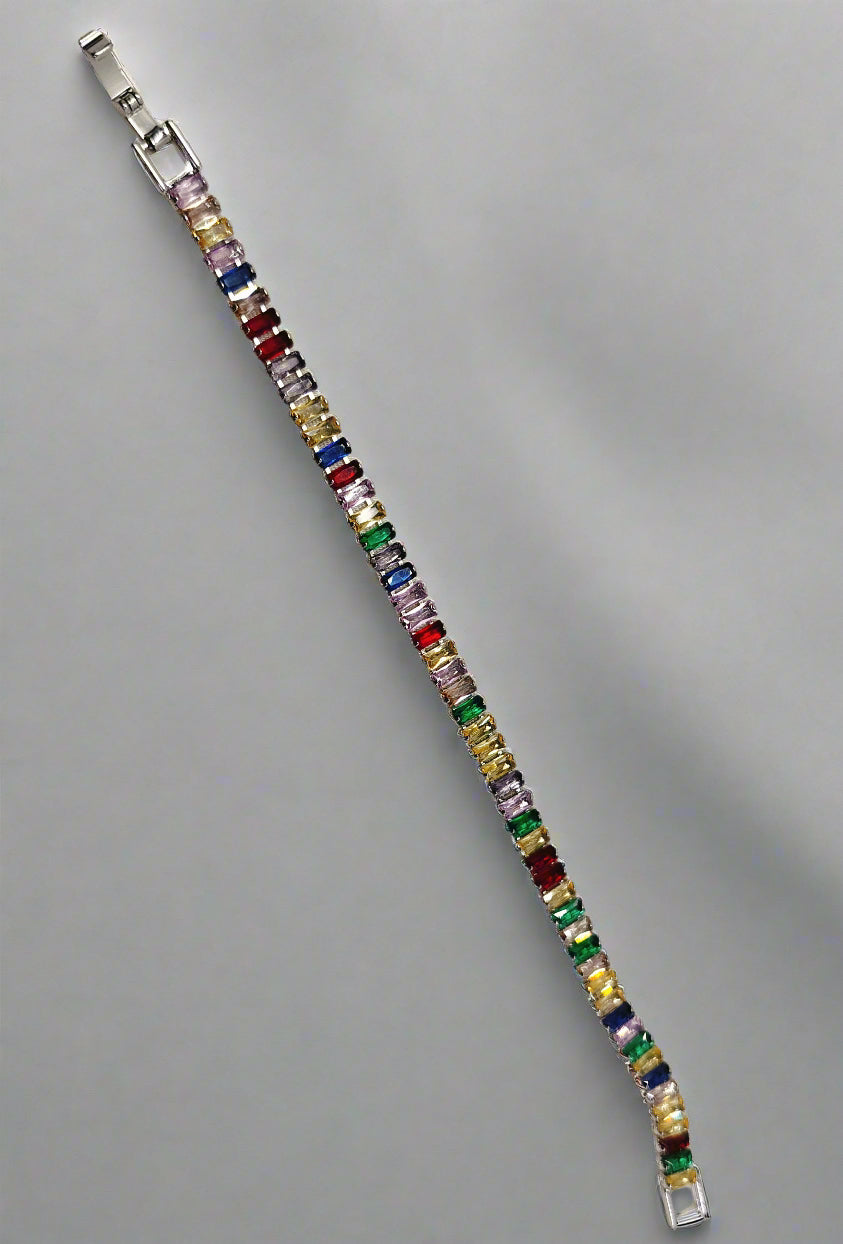 White Gold Plated Multi Colored Cubic Zirconia Tennis Bracelet (Colors may vary)