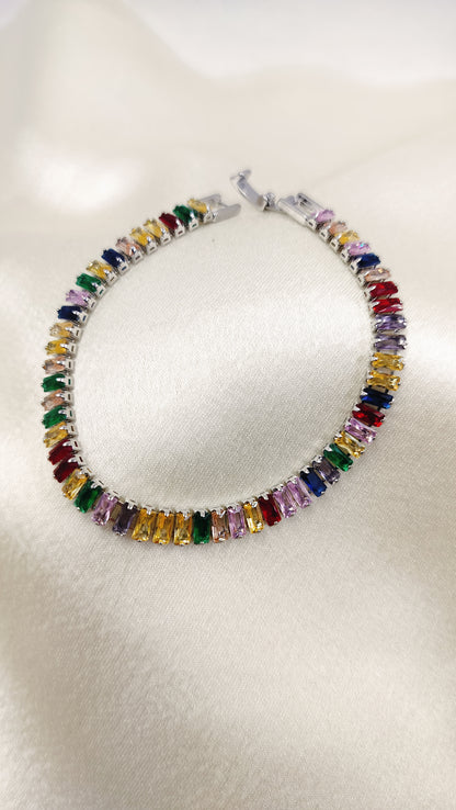 White Gold Plated Multi Colored Cubic Zirconia Tennis Bracelet (Colors may vary)