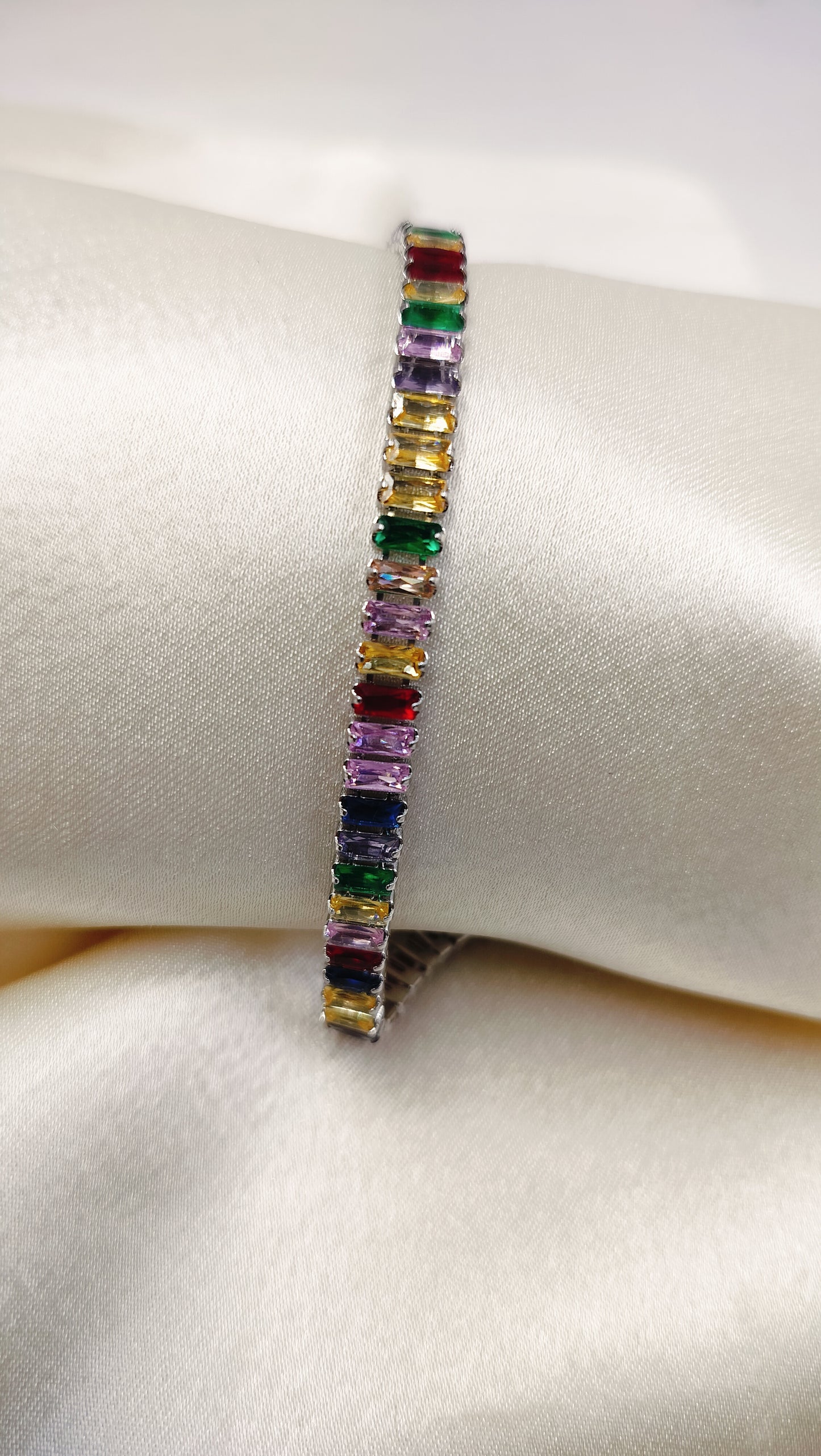 White Gold Plated Multi Colored Cubic Zirconia Tennis Bracelet (Colors may vary)