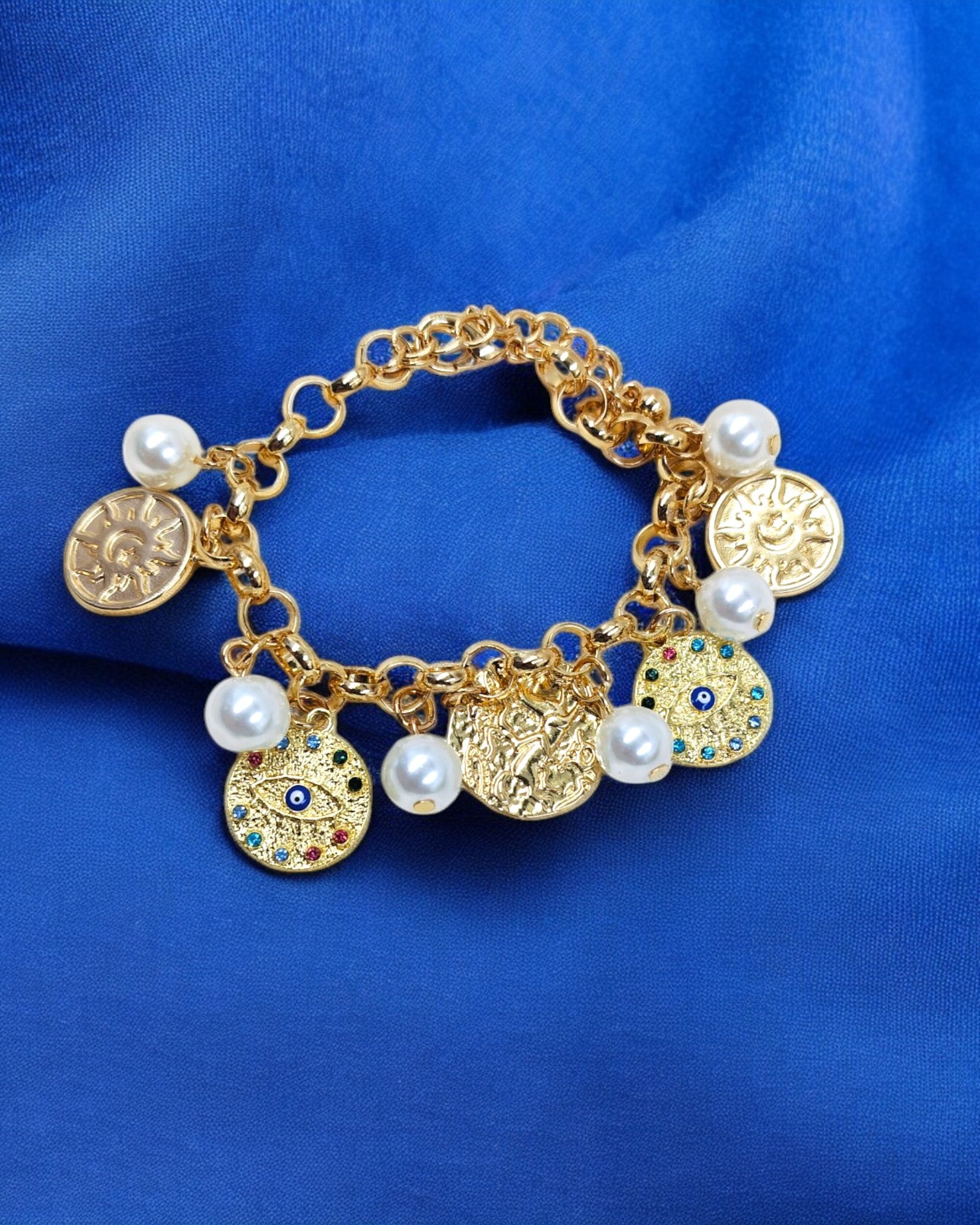 Gold coin charm bracelet with pearls and engraved pendants – trendy statement bracelet for women