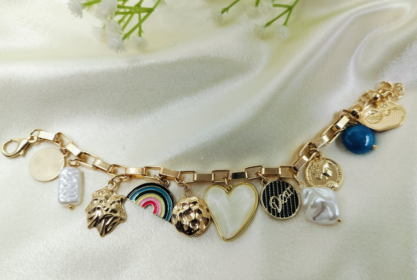 Rainbow Marble Heart Gold Charms Bracelet
