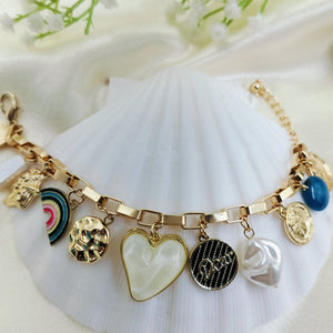 Rainbow Marble Heart Gold Charms Bracelet