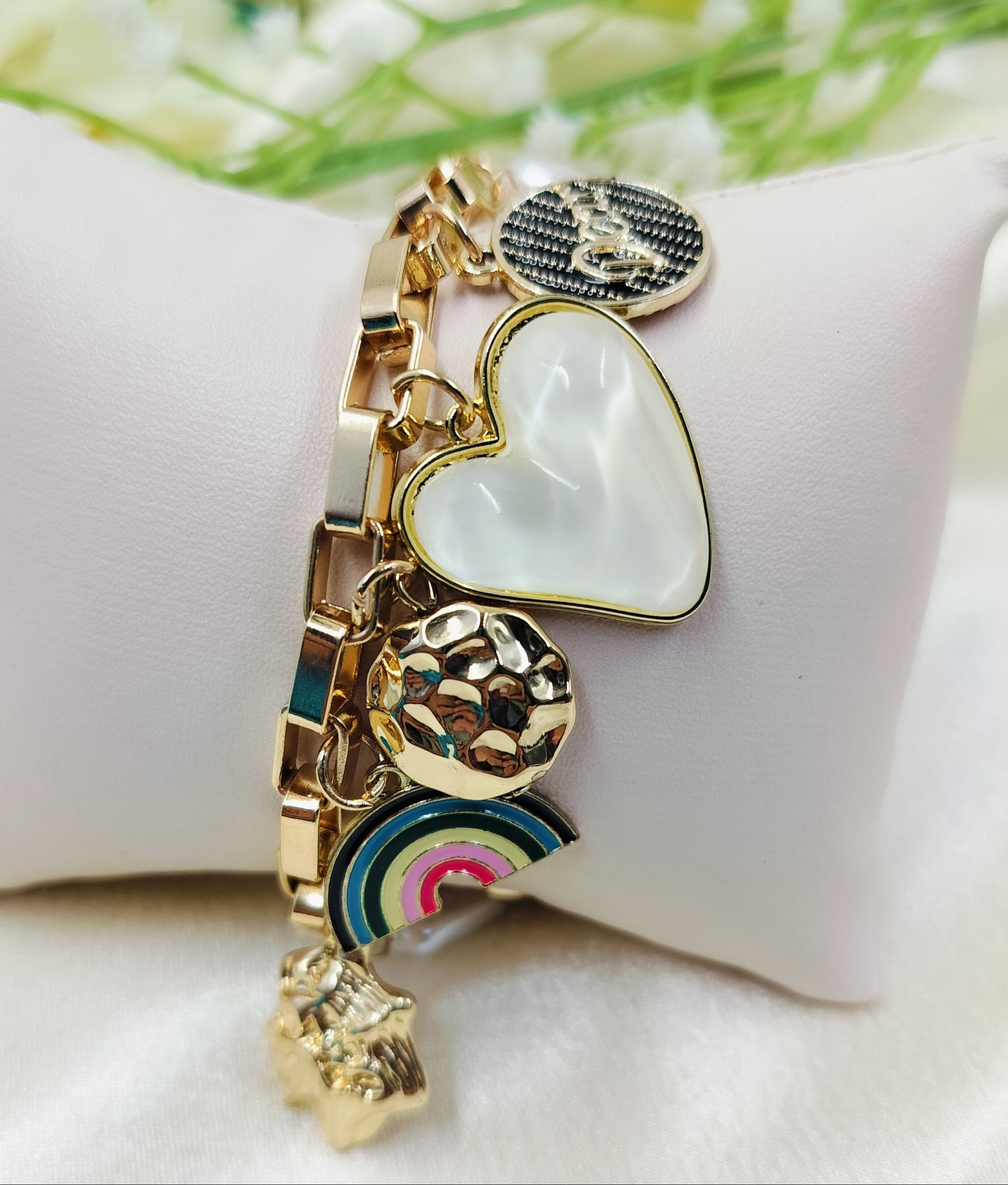 Rainbow Marble Heart Gold Charms Bracelet