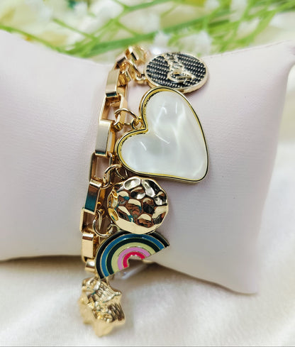 Rainbow Marble Heart Gold Charms Bracelet