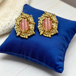 Stylish Gold Plated Emerald Pink Stone Stud Earring | Statement Earring