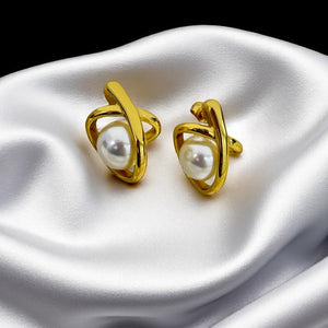 Orbit Bling Oval Pearl Statement Earrings Studded With Gold