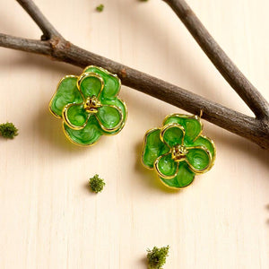 Green Enamel Clover Flower Stud Earrings For Women