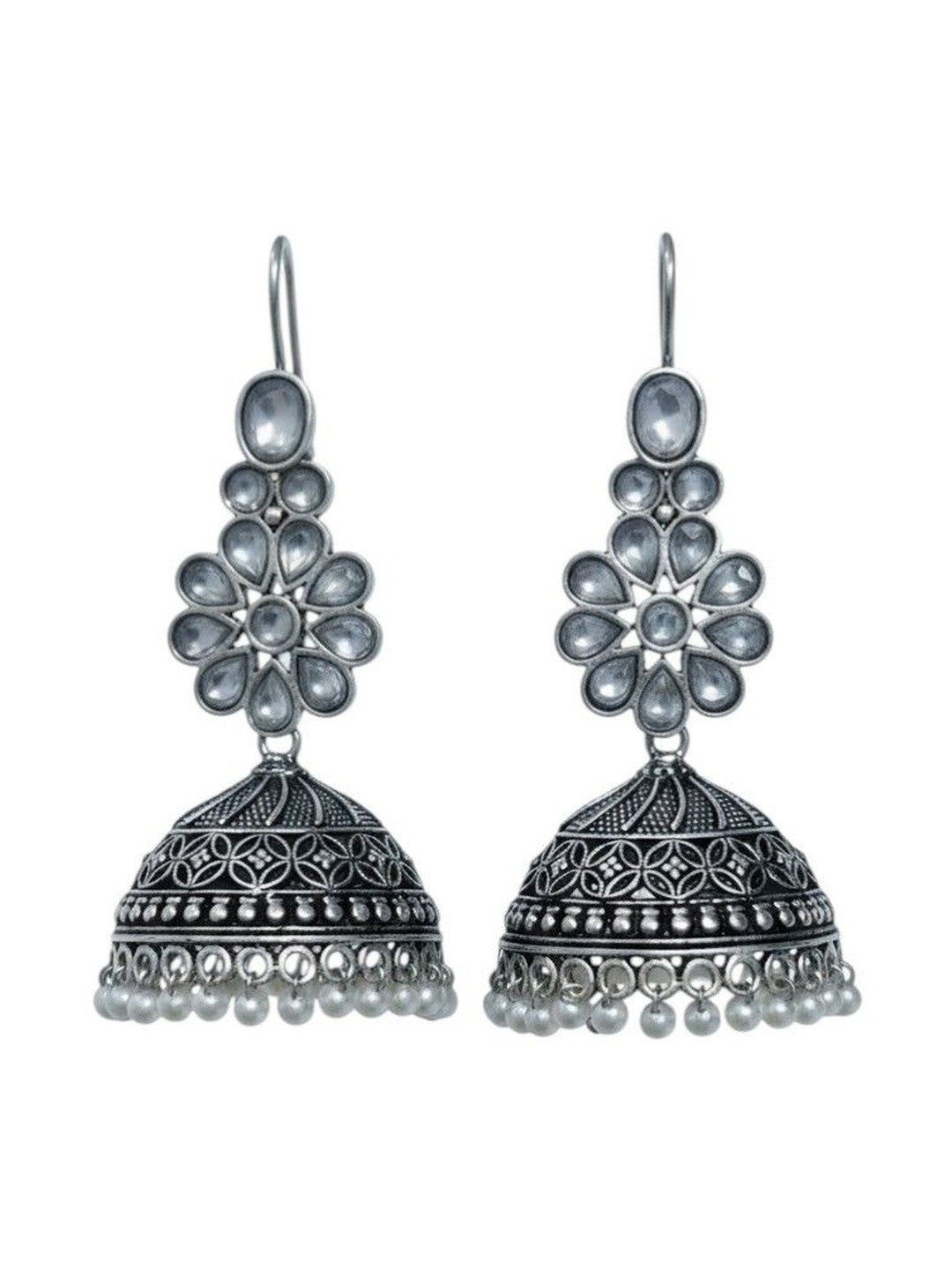 Both earrings shown on white background highlighting kundan topper, engraved dome and dangling pearl drops