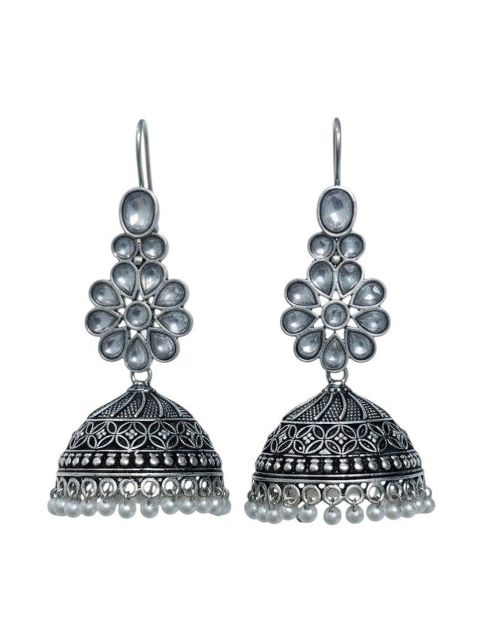 Both earrings shown on white background highlighting kundan topper, engraved dome and dangling pearl drops