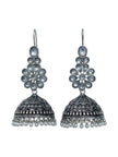 Both earrings shown on white background highlighting kundan topper, engraved dome and dangling pearl drops