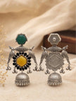 Front and back view of oxidised silver bird jhumka earrings showing push-back stud closure and plain reverse side