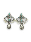 Pair of oxidised silver fan-shaped earrings with turquoise cabochons, pearl drops and teardrop spiral pendant on white background