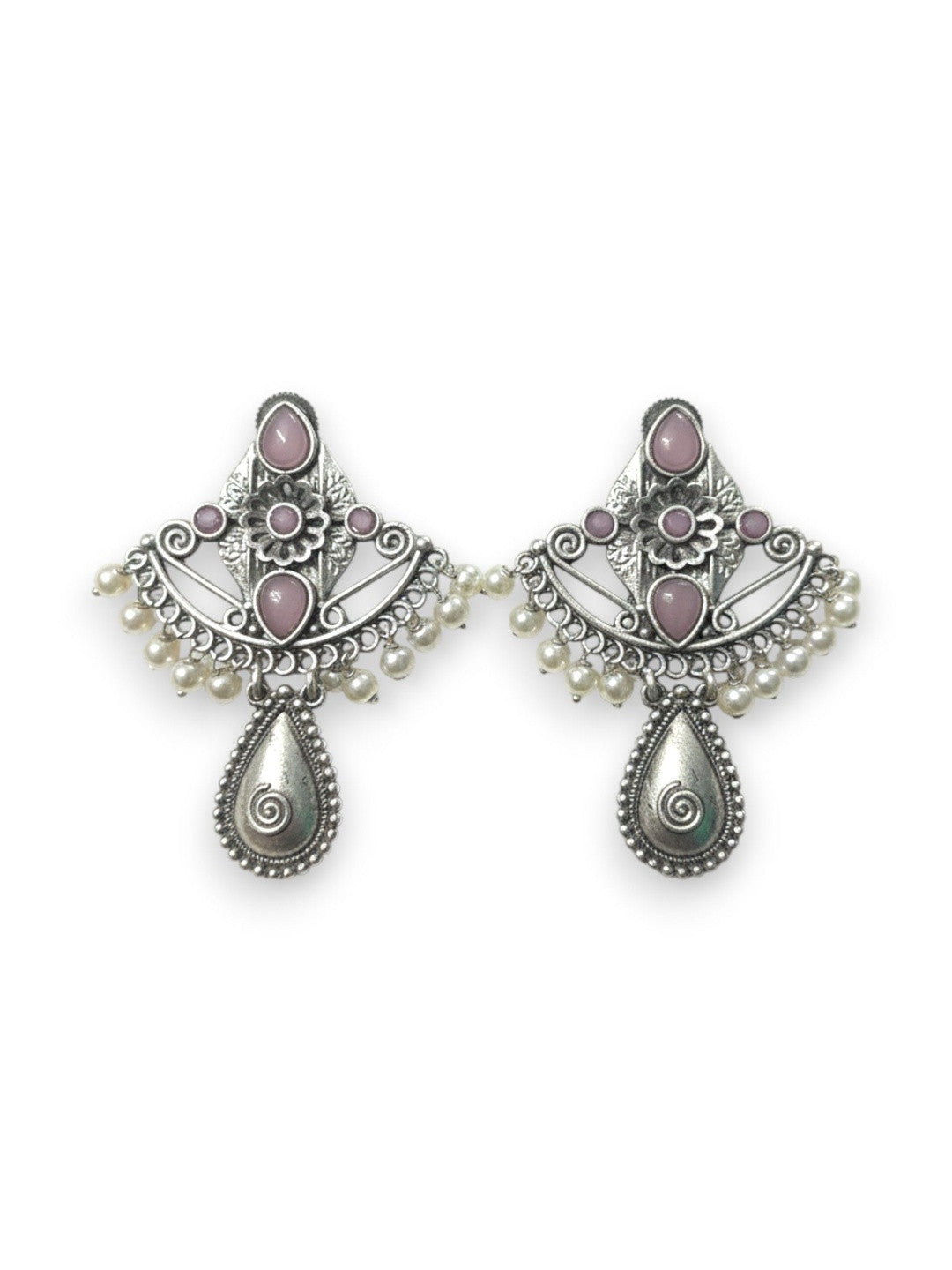 Front view of both oxidised silver chandbali earrings with blush-pink cabochons and teardrop pendant on white background