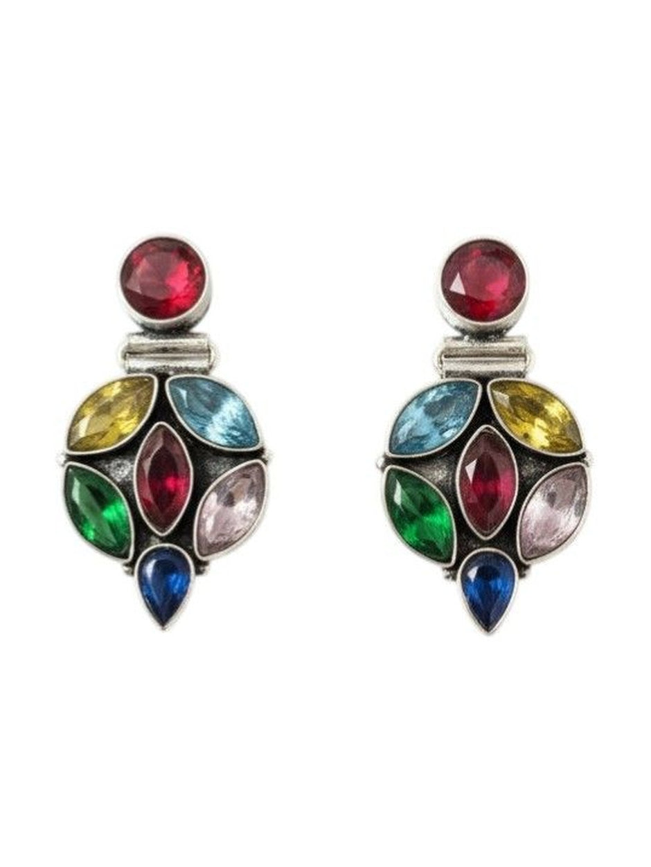 Front-facing pair of oxidised silver earrings with marquise and teardrop coloured crystals on white background