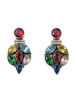 Front-facing pair of oxidised silver earrings with marquise and teardrop coloured crystals on white background