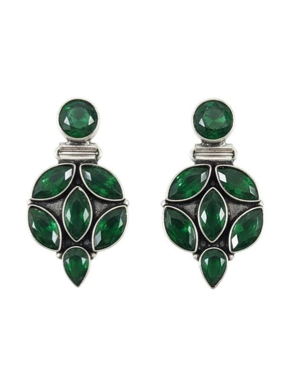 Both oxidised silver earrings with faceted green stones shown flat on a white background