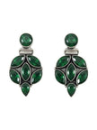 Both oxidised silver earrings with faceted green stones shown flat on a white background