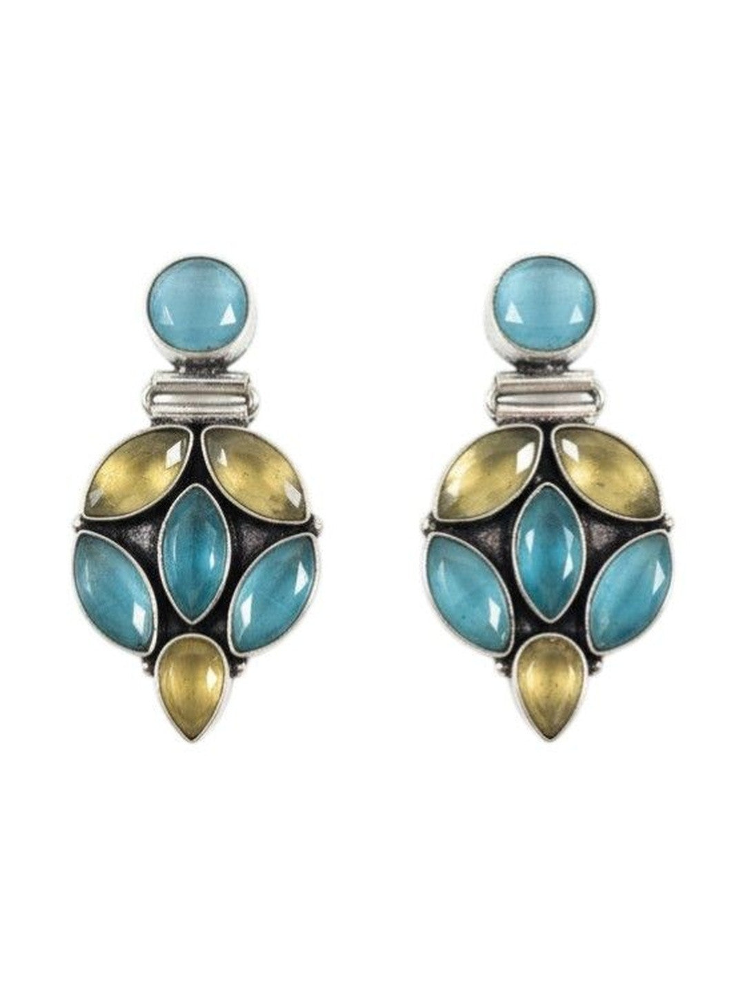 Both oxidised silver earrings displayed symmetrically showing full leaf-cluster stone pendant design