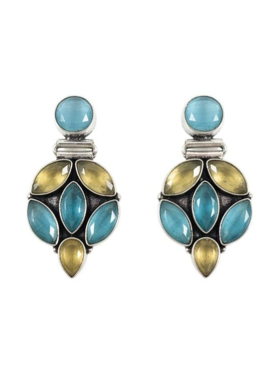 Both oxidised silver earrings displayed symmetrically showing full leaf-cluster stone pendant design