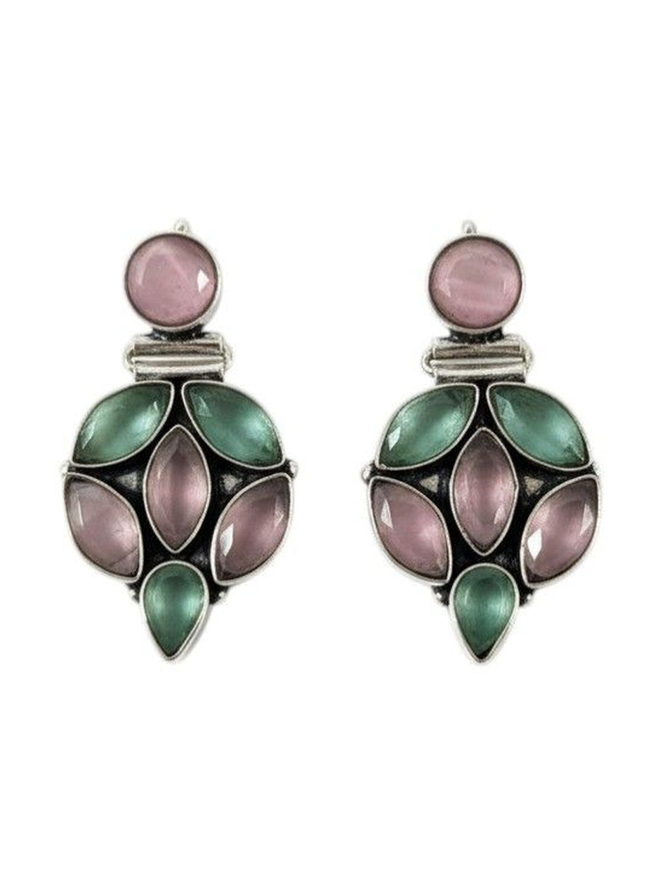 Pair of oxidised silver drop earrings with pink and green stone cluster on white background