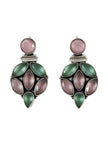 Pair of oxidised silver drop earrings with pink and green stone cluster on white background