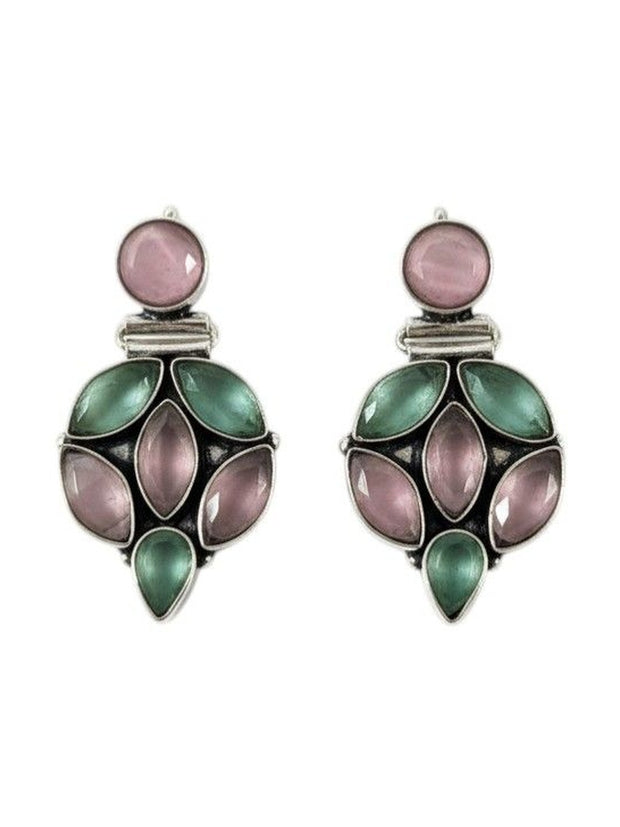 Pair of oxidised silver drop earrings with pink and green stone cluster on white background