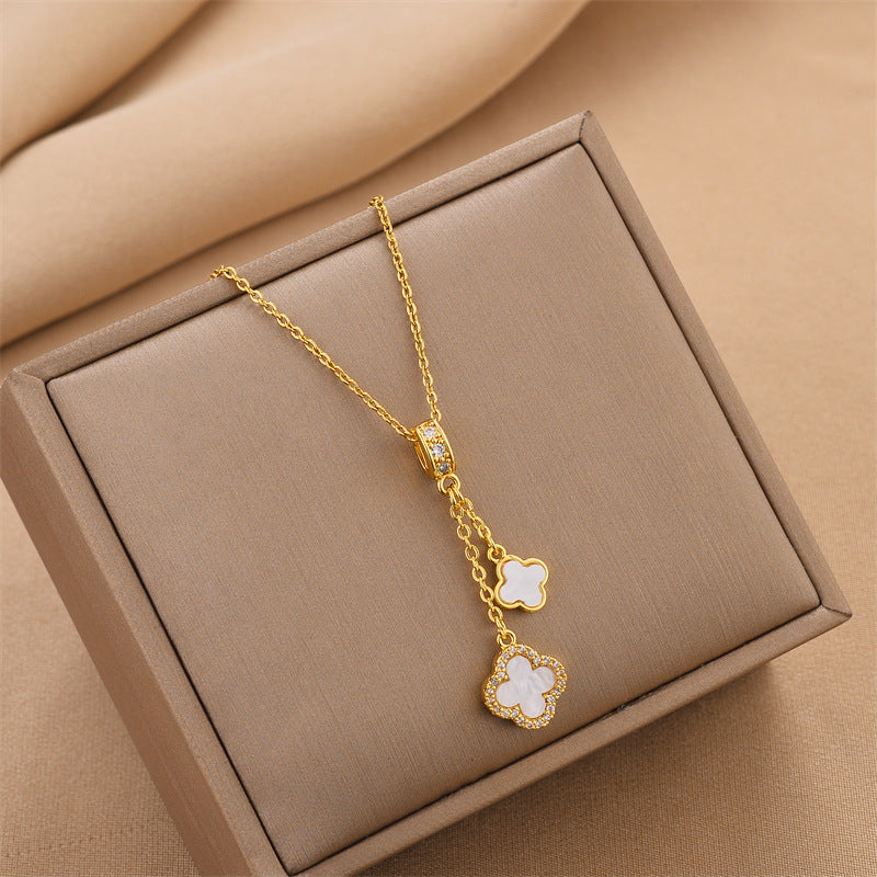 Dainty White Clover Drop Pendant in 18K Gold
