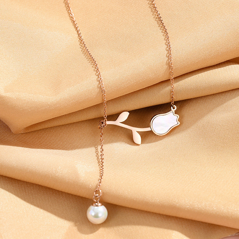 Rose Pearl Stem Pendant Necklace