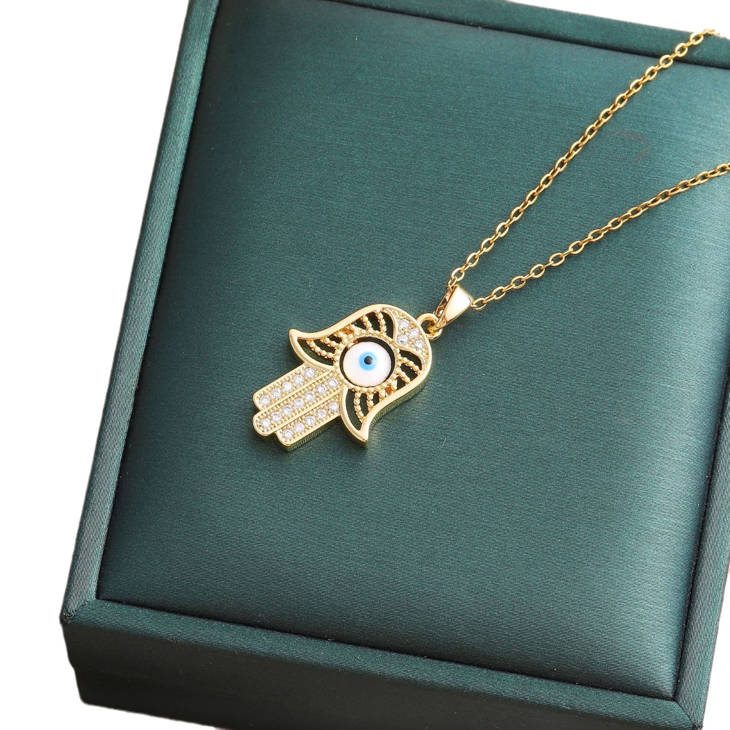 Dainty Pavé Hamsa Evil Eye Gold Necklace