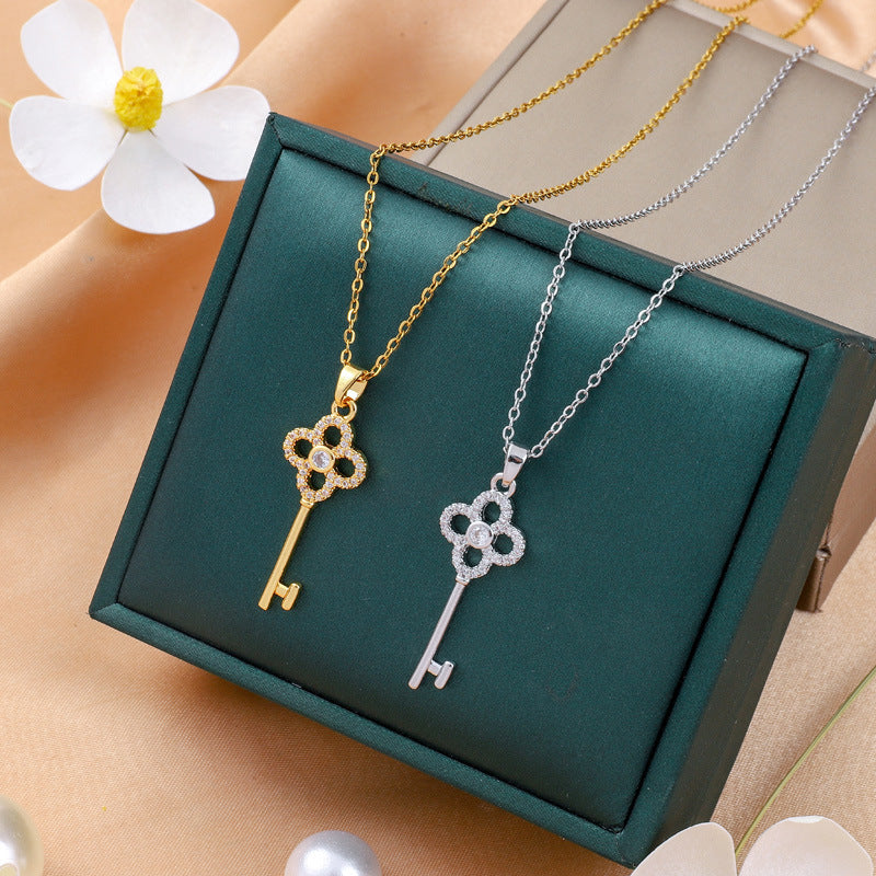 Floral Key Zircon Pendant Necklace
