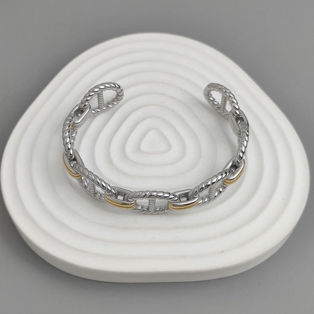 Nautical Link Dual Tone Silver and Gold Open Cuff Bracelet