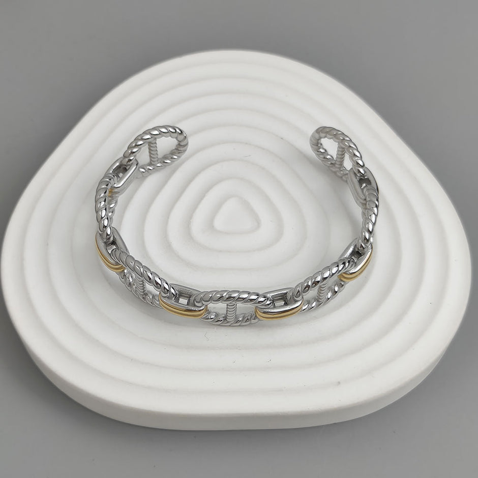 Nautical Link Dual Tone Silver and Gold Open Cuff Bracelet