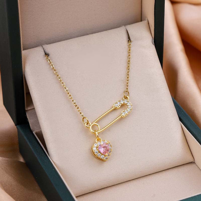 Crystal Inlaid Safety Pin & Heart Pendant