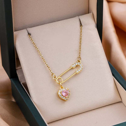 Crystal Inlaid Safety Pin & Heart Pendant