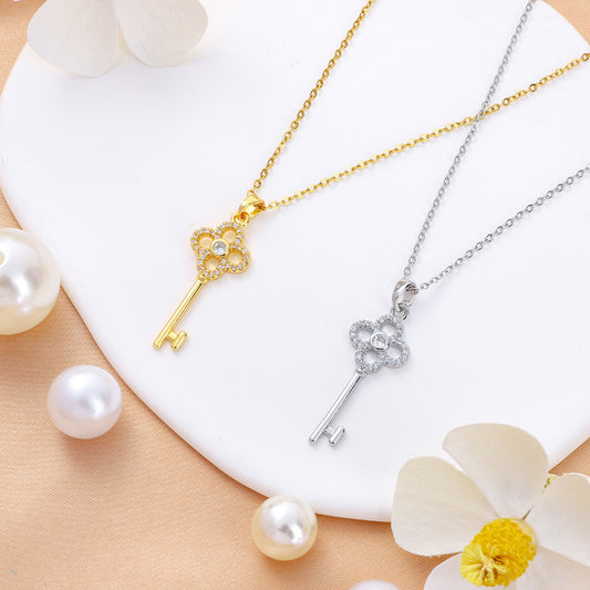 Floral Key Zircon Pendant Necklace