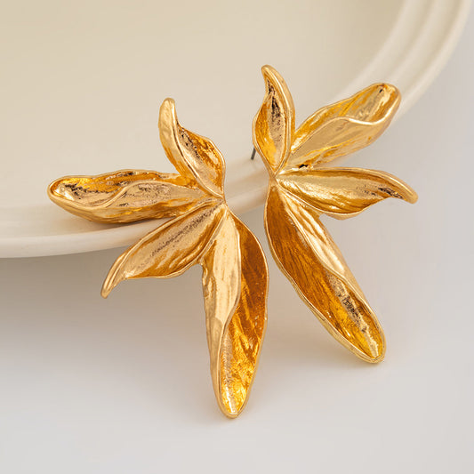 Textured Golden Flora Leaf Statement Earrings