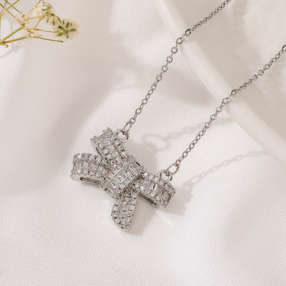 Crystal Bow Zircon Pendant Necklace