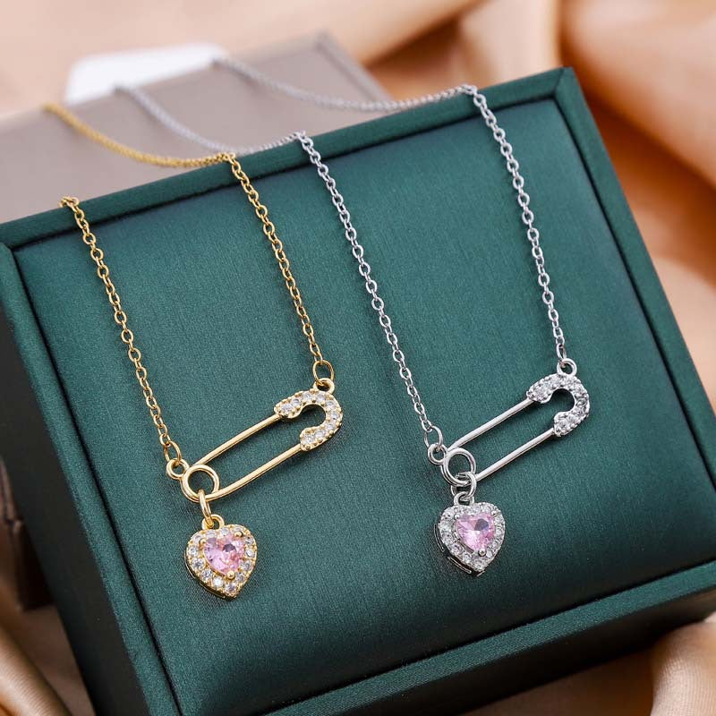 Crystal Inlaid Safety Pin & Heart Pendant