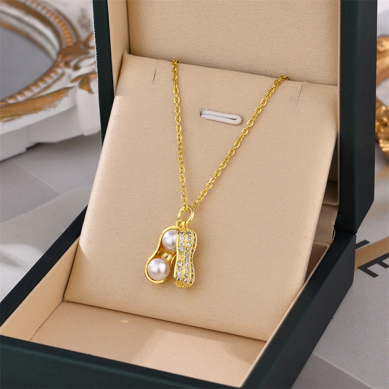 Zircon Crystal & Shell Pearl Peanut Charm Necklace