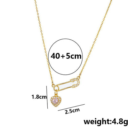 Crystal Inlaid Safety Pin & Heart Pendant