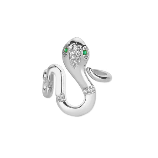 Sleek Serpentine Emerald Eyes Silver Diamond Ring