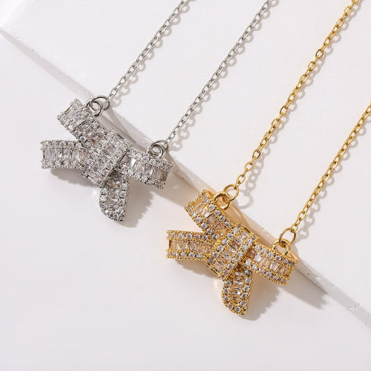 Crystal Bow Zircon Pendant Necklace