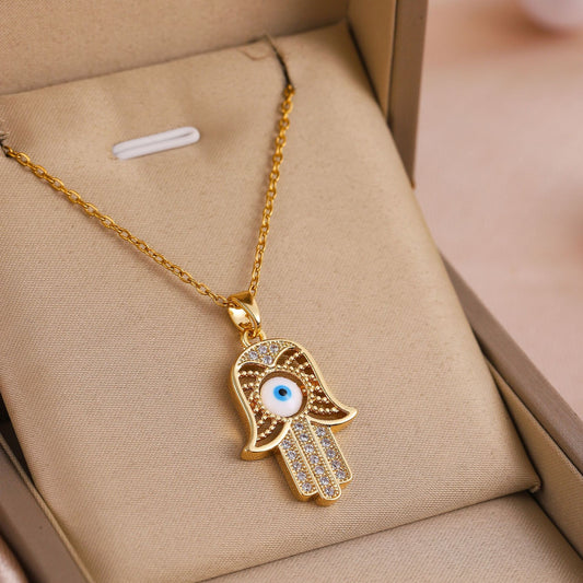 Dainty Pavé Hamsa Evil Eye Gold Necklace